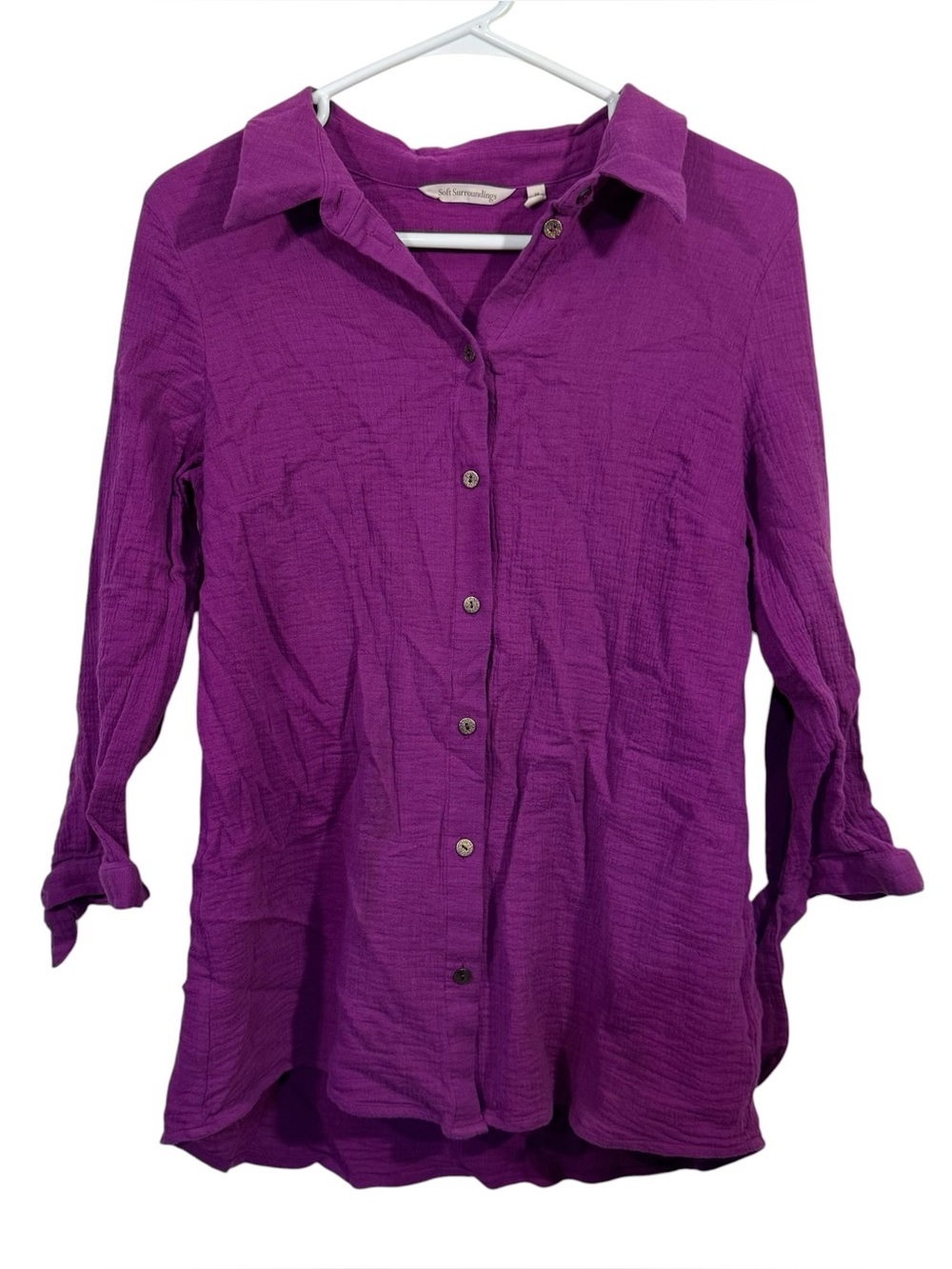 Soft Surroundings Purple Textured 3/4 Sleeve Tunic Button Down Collared Shirt